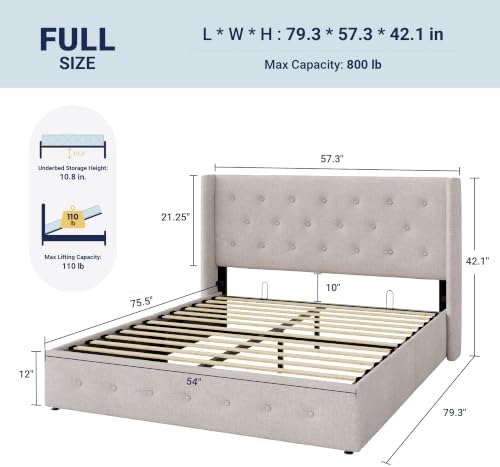 Allewie Full Size Lift Up Storage Button-Tufted Bed Frame Light Beige - Image 2