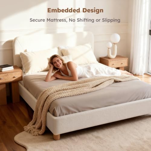 Full Size Cloud Bed Frame, Cream White Boucle Platform Bed, Upholstered - Image 3