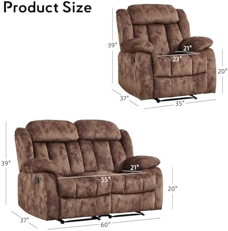 EBELLO Manual Reclining Sofa Set, Classic Recliner Sofa - Image 2