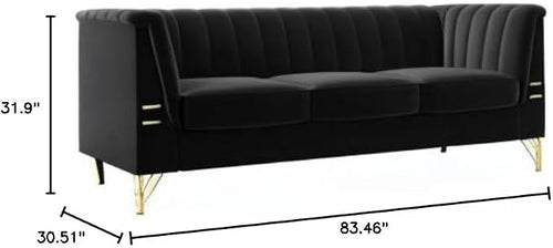 83.46" W Black Velvet Sofa Couch - Image 2