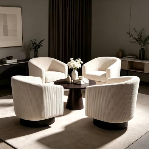 Pia Ricco Set of 4 Corduroy 360° Swivel Barrel Accent Chair Beige by PiaRicco