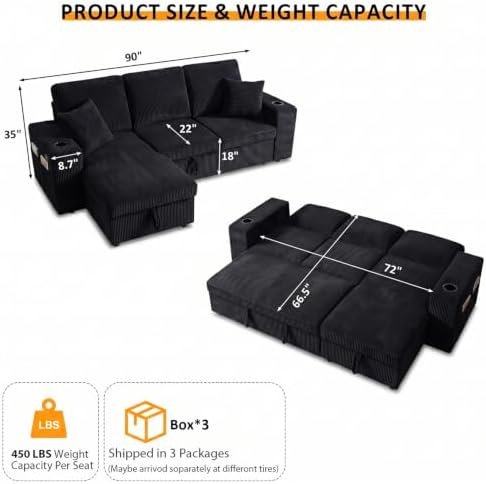 90 Inch Modular Sectional Sleeper Sofa Bed, 4 in 1 Pull Out Couch Bed - Image 3