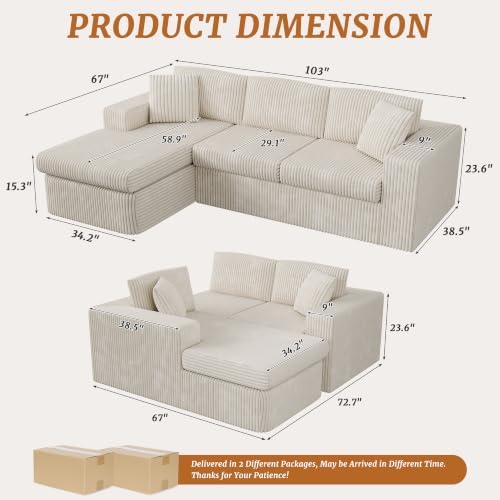 Shintenchi 103" Boneless Couch, L Shaped Modular Sectional Sofa - Image 2