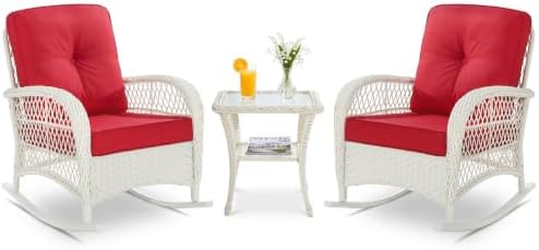 VIVIJASON Outdoor Rocking Chairs Set of 2, 3 Piece Patio Wicker Bistro Set by VIVIJASON