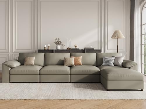 EASE MOOSE Faux Leather Sectional Couch, Deep Seat Modern Sofa, Light Grey by EASEMOOSE
