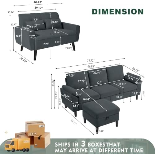 79" Convertible Sectional Sofa Set, Modern Linen Small L Shaped Couch - Image 2