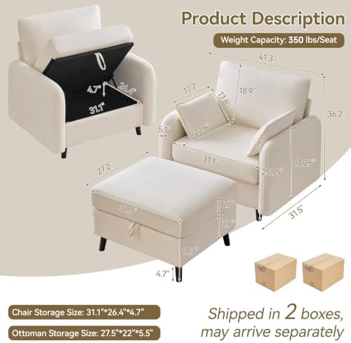 41" Accent Chair with Ottoman, Storage Reading Chair - Image 2