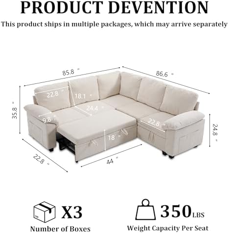 85'' Modular Sectional Sleeper Sofa, L Shape Pull Out Sofa Bed - Image 2