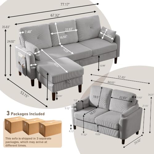 3 Piece Sectional Sofa Set, 3 Seat Couch & Loveseat & Ottoman, Light Grey - Image 2
