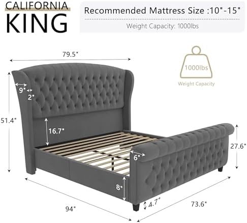 AMERLIFE California King Upholstered Sleigh Bed Frame - Image 2