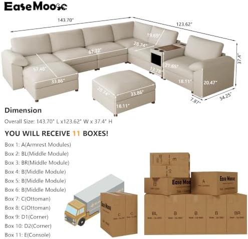EASE MOOSE Leather Sectional Couch, U Shaped Deep Seat Sofa - Image 2