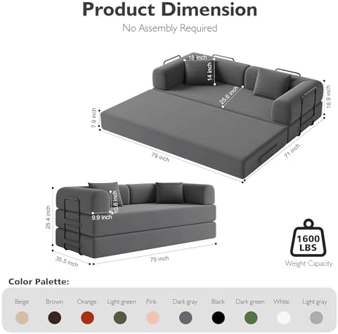 79in Boneless Couch Convertible Futon Sofa Bed Queen - Image 2