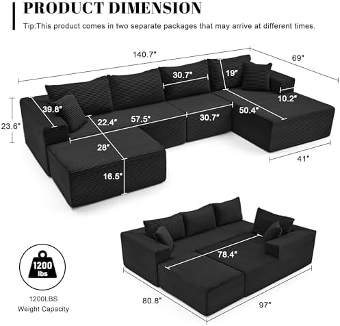 Mangodan 140” Cloud Sectional Couch, Boneless Sofa - Image 3