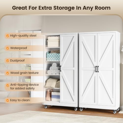 Yizosh 72"White Metal Office Storage Cabinet, Wheeled Garage Storage Cabinet - Image 5