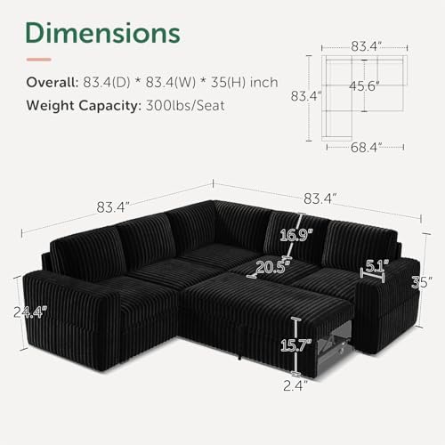 HONBAY Corduroy L Shaped Sectional Sleeper Sofa - Image 2