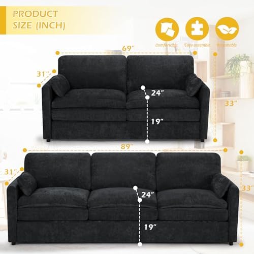 Chenille 2-Seater & 3-Seater Sofa Set w/Two Arm Pillows - Image 2