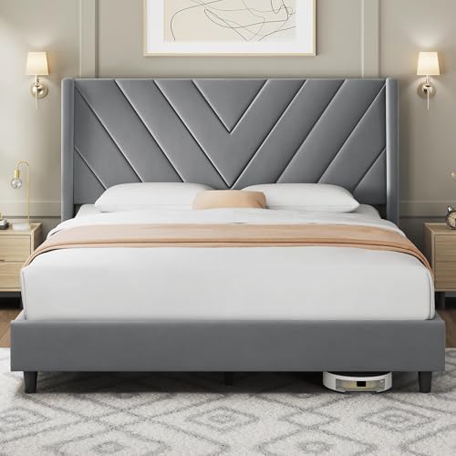 Yaheetech Queen Bed Frame with Chevron Channel-Tufted Headboard, Light Grey by Yaheetech