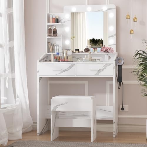 Vanity Desk with Power Outlet, Makeup Vanity with Large Mirror and LED Lights - Image 6