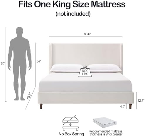 Upholstered Bed Frame King Size, Cream White - Image 2