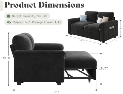 AMERLIFE Sofa Bed, 3-in-1 Sleeper Sofa, Pull Out Couch Loveseat-Black - Image 2