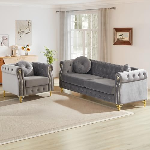 JEEOHEY 2 Pieces Mid Century Modern Chesterfield Sofa Set, Upholstered Button by JEEOHEY