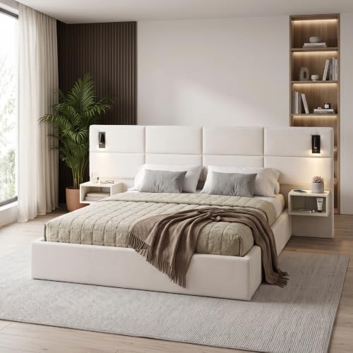 King Size Bed Frame with LED Lights and Floating Shelves, Modern Chenille - Image 5