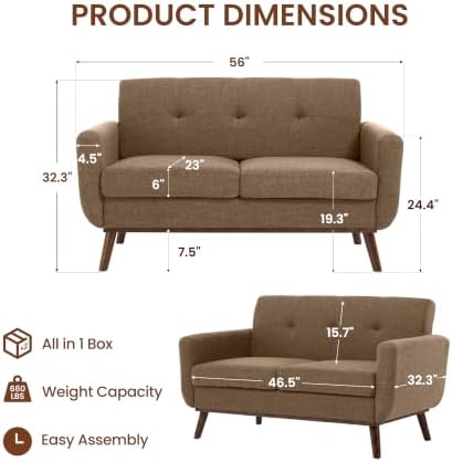 56" Small Loveseat Sofa Mid Century Modern Mini Love Seat - Image 2