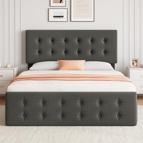 IDEALHOUSE Full Bed Frame with 4 Storage Drawers and Headboard, Light Grey - Image 3