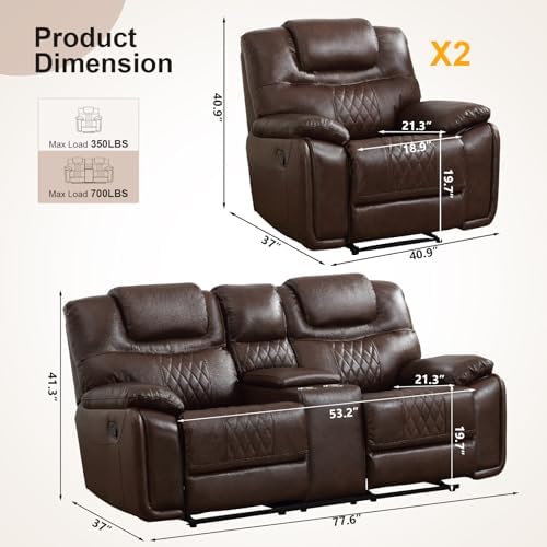 ANJ 3-Piece Manual Reclining Sofa Set, Premium Genuine Leather Reclining Sofas - Image 2