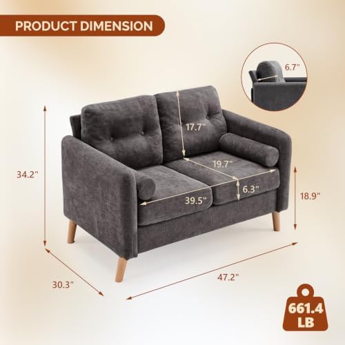 VINGLI 47" Grey 2 Seater Chenille Sofa - Image 2