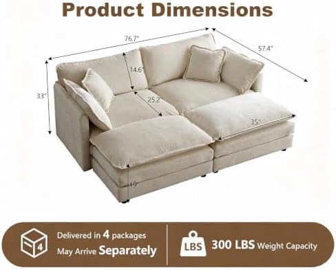 76.7” Loveseat Sofa with Ottoman, 4 Seat Cloud Couch Sectional - Image 2