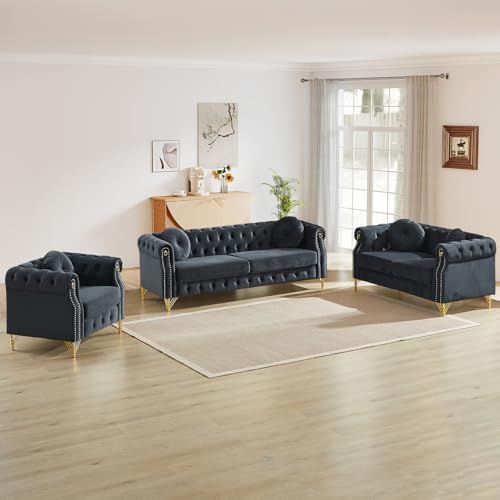 3 Pieces Mid Century Modern Chesterfield Sofa Set, Upholstered Button Tufted by JEEOHEY