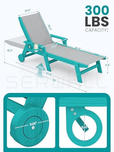 SERWALL Textilene Patio Chaise Lounge Chair Set of 2, HDPE Outdoor Lounger - Image 2