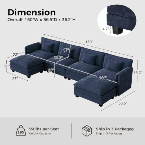 ELUCHANG 153" Oversized Modular Sectional Sofa, Comfy Chenille Cloud Couch - Image 2