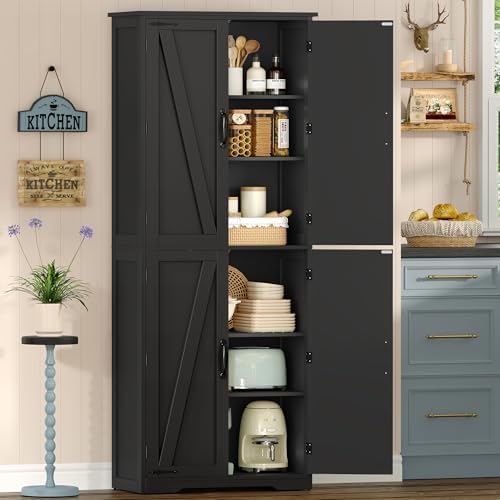 Tall Pantry Cabinet with 4 Doors & 2 Adjustable Shelves, Kitchen Cabinet by TEENFON