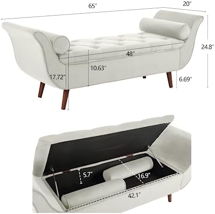 End of Bed Storage Bench for Bedroom, Upholstered Rolled Armed Button Tufted - Image 2