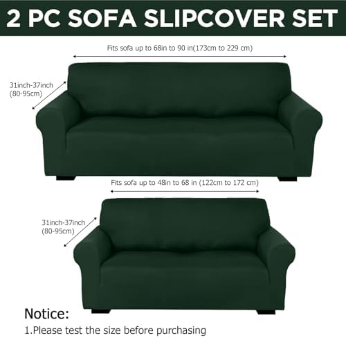 Peryiter 2 Pcs Couch and Loveseat Sofa Covers, Dark Green, Milk Silk - Image 2