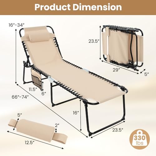 GYMAX Lounge Chairs for Outside, Extra High Folding Beach Tanning Lounger - Image 3