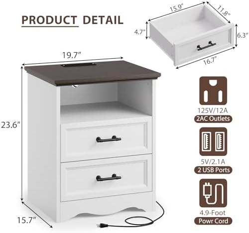 YANSNWO White Nightstand with Charging Station, 19.7" 2-Drawer End Table - Image 3