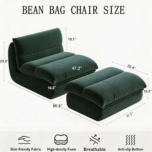 YVDNHP Bean Bag Chair with Ottoman, Memory Foam Lounge Sofa Adults Green - Image 2