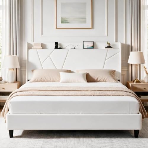 Garvee Full Bed Frame with Storage Shelf and Upholstered Headboard by Garvee