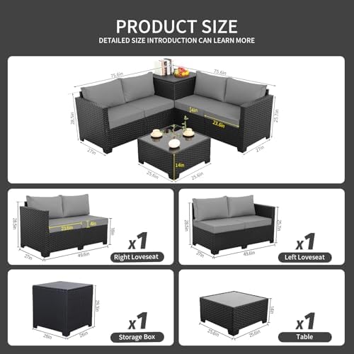 WAROOM Patio Furniture Set 4 Piece Conversation Sets Black Rattan Outdoor Couch - Image 2