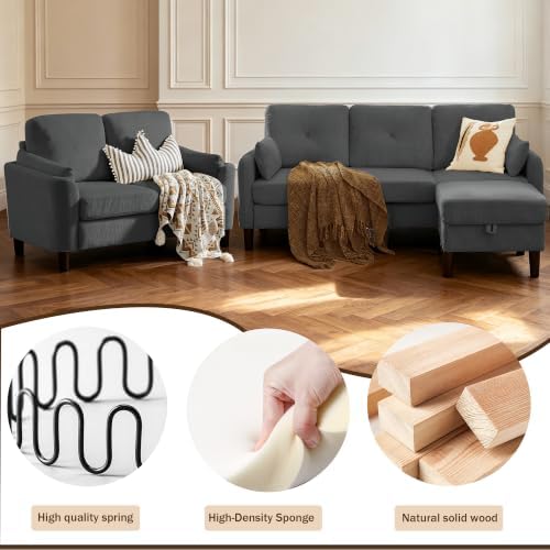 3 Piece Sectional Sofa Set, 3 Seat Couch & Loveseat & Ottoman, Dark Grey - Image 5