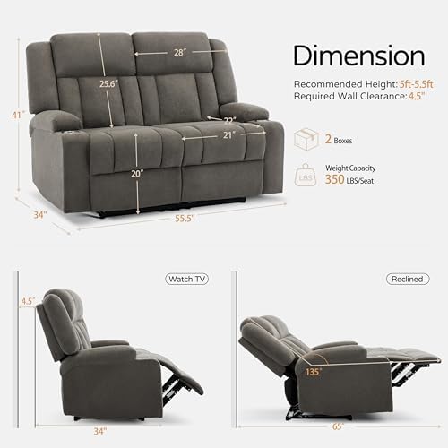 Recliner Loveseat Sofa with Cup Holders, 2-Seater Fabric Reclining Couch - Image 3