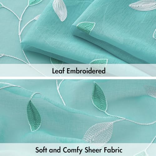 MIULEE Turquoise Sheer Curtains 2 Panels Leaf Patterned, W52 x L84 - Image 4