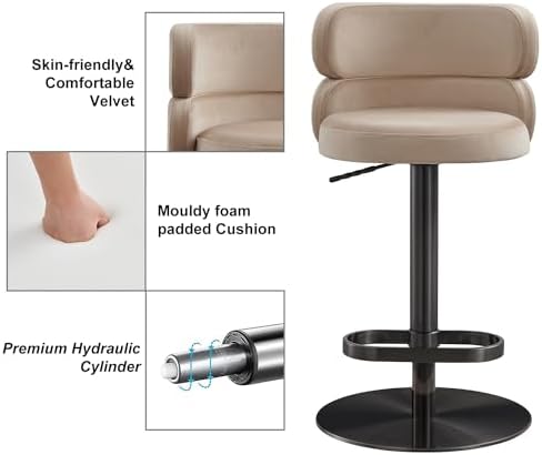 Modern Velvet Bar Stool, Swivel Adjustable Height Kitchen Counter Stool - Image 3