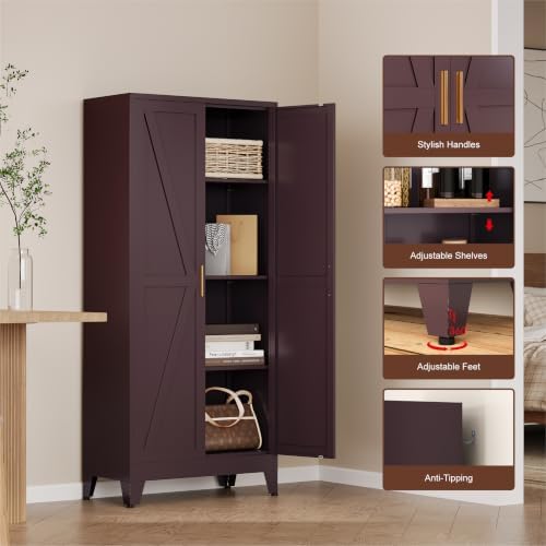 Metal Pantry Cabinet, Cherry Red Kitchen Storage Cabinets - Image 5