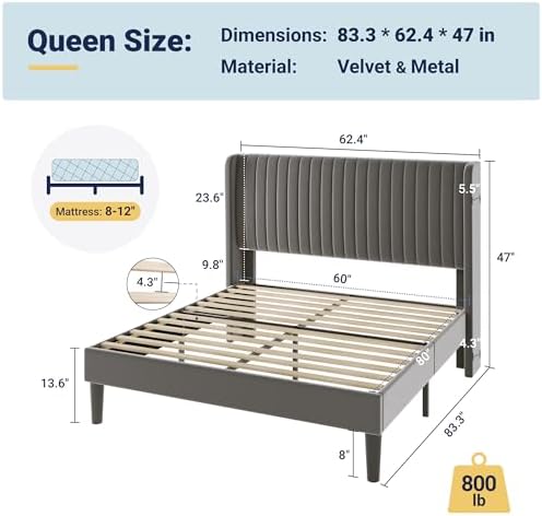 Allewie Queen Size Velvet Bed Frame/Vertical Channel Tufted Wingback - Image 2