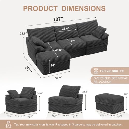 Boneless Couch with Storage, 48.6" Extra Deep-High Seat Modular Sectional Sofa - Image 3