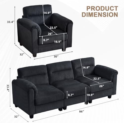 HAOMARKETS Corduroy 3-Piece Sofa Set, Upholstered Armchair and 3-Seater Sofa - Image 2